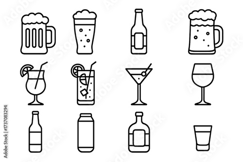 Collection of Beverage Icons Line Art, Vector Cartoon Set of Beer Mugs, Bottles, Cocktails, Wine Glasses, and Drink Containers with Transparent Background for Bar and Party Themes