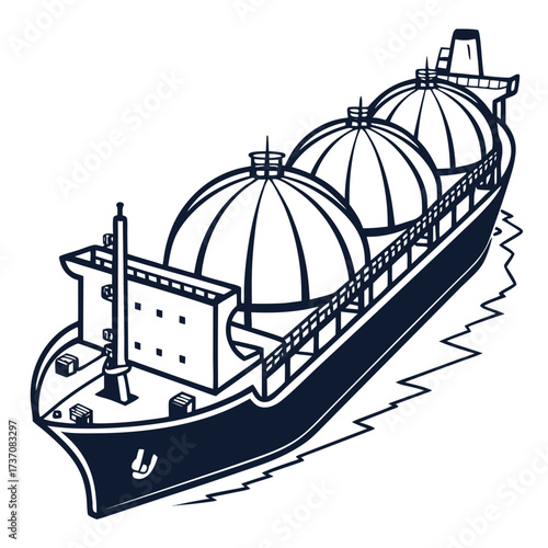Stylized illustration of a large cargo ship with three spherical tanks sailing on wavy water