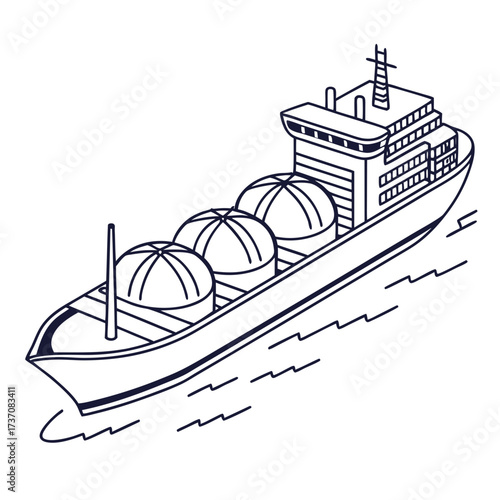 Stylized line art illustration of a gas carrier ship transporting spherical lng tanks across the ocean