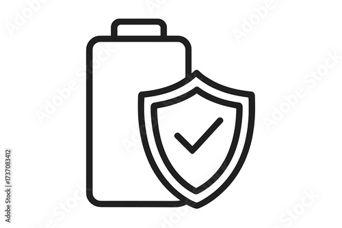 Battery safety and protection icon. Shield with checkmark symbolizes guaranteed power, energy security, and reliable accumulator performance. Vector for battery health app design.