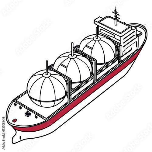 Stylized isometric line art illustration of a large cargo ship carrying spherical tanks on its deck