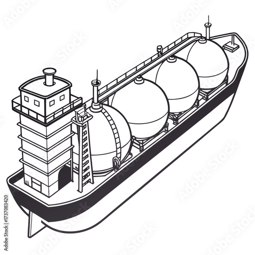 Stylized line art illustration of a large cargo ship carrying spherical gas tanks