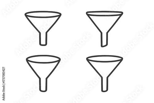 Simple black line icon of funnel set, vector cartoon illustration with transparent background, graphics concept, app interface symbol, data filter, sorting tool, minimal design