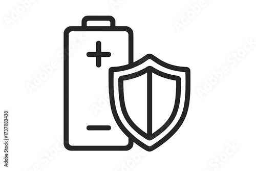 Battery protection icon with shield. Concept of power safety, energy security, and long-lasting accumulator life. Reliable charge guarantee. Vector outline pictogram design.