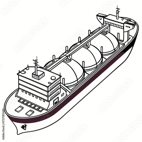 Stylized line art illustration of a large liquefied natural gas carrier ship on a white background