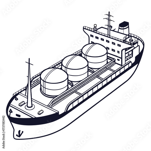 Stylized line art illustration of a large cargo ship carrying three spherical tanks on its deck