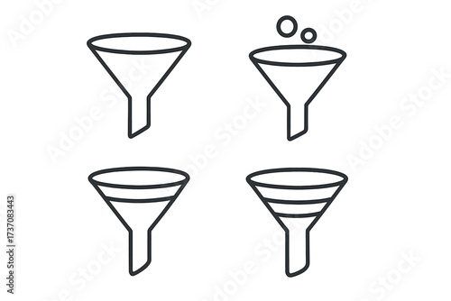 Simple funnel icon set for graphics, concepts, and apps. Vector cartoon illustration of ordered funnels with transparent background. Minimalistic design for digital and mobile interfaces.
