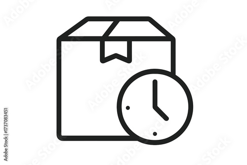 Delivery time icon. Fast shipping and logistics concept. Pending order, processing time symbol. On-time package delivery sign. Vector outline illustration of a box and clock.