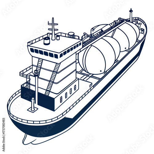 Stylized line art illustration of a modern lng carrier ship with spherical tanks on deck