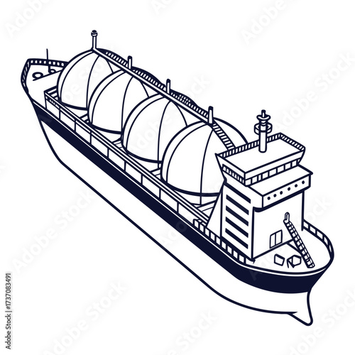 Stylized line drawing of a large lng carrier ship with spherical tanks on deck
