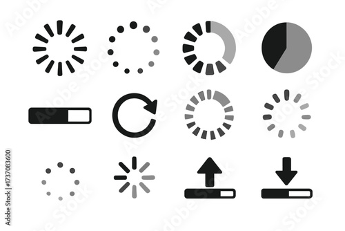 Loading icon collection for UI UX design. Website and application progress bar. Vector upload download indicator. Round spinner, buffering and refresh process symbols.