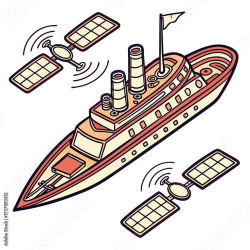 Vintage steamship receiving satellite signals from orbiting space technology for navigation and communication