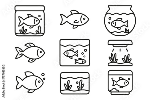 Aquarium and fish line icon collection. Simple pictograms for pet shop, web design. Includes fishbowl, water tank, aquatic plants, and pet fish symbols. Vector illustration set.
