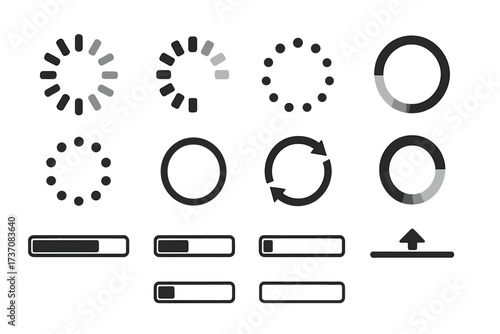 Big vector set of loading icons. Progress bar for upload and download, circular spinner, and refresh symbols. UI/UX elements for web design, app interface, and preloader status.