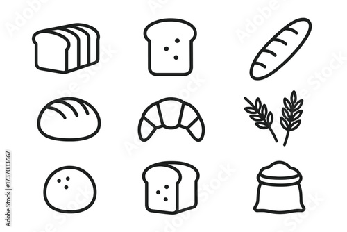 Bread line icon set. Bakery and baking symbols. Vector outline pictogram collection for web and graphic design. Includes loaf, slice, baguette, croissant, bun, wheat, flour sack.
