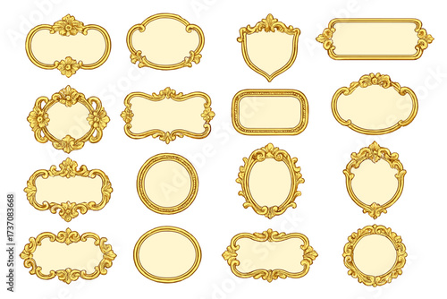 Big set of golden vintage ornamental frames and labels. Elegant retro badge and sticker elements. Luxury baroque and rococo style vector illustration with decorative borders.
