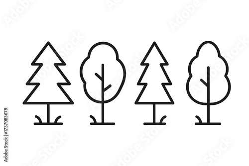 Tree icon set. Thin line art vector of pine, fir, deciduous trees. Minimalist forest, woodland symbols for nature, ecology, environment concepts. Isolated outline design for web, logo.