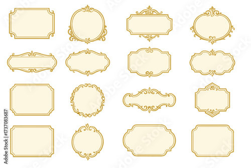Big set of golden vintage ornamental frames and retro labels. Luxury vector collection of elegant badges, borders, and decorative elements for invitation or certificate design.