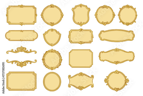 Big set of golden vintage ornamental frames. Luxury retro badge elements and classic labels. Vector illustration with elegant rococo and baroque borders for decoration.