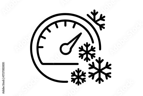 Vector speedometer gauge icon with snowflakes symbolizing cold temperature and frost, winter weather concept, outline style graphic design for apps, adverts, websites, and cards