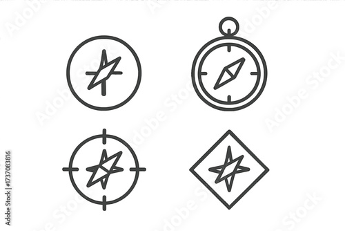 Set of compass icons. Navigation and direction symbols. Line art for travel, discovery and exploration. Location and guidance concepts. Vector illustration for web and apps.