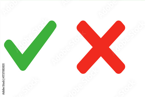 Check mark and cross icon set. Green tick and red X symbol for positive and negative choice. Yes and no vote. Right, wrong, correct, incorrect, pass, fail concept.
