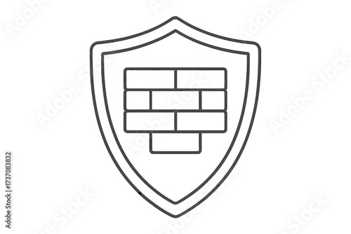 Firewall icon with brick wall in a shield. Concept of security, defense, safety, and protection. Vector line pictogram for cybersecurity, data privacy, and antivirus software.