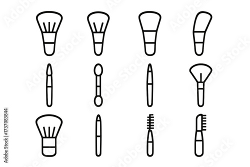 Beauty cosmetic makeup brush line icon set. Professional accessory kit for powder, foundation, blush, eyeshadow, mascara. Outline vector graphic symbol for web design.