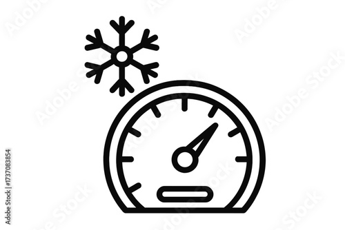 Snowflake and speedometer outline icon, cold weather gauge symbol, winter temperature indicator for apps, web design, advertising, vector cartoon illustration set