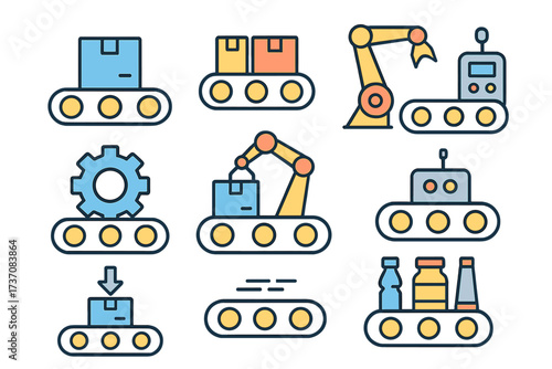 Factory automation icon set. Conveyor production line. Robotic arm for assembly and packaging. Manufacturing process. Industrial logistics. Industry 4.0 technology vector icons.