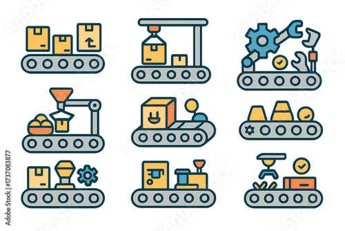 Production line icon set. Manufacturing process, factory conveyor belt, automation technology symbols. Industrial assembly, packaging, sorting and robotics vector pictograms.