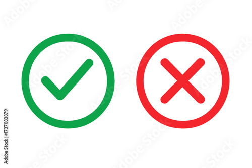 Green check mark and red cross vector icon set. Tick and X symbols for approve and reject decision. Yes or no vote buttons. Right and wrong signs for evaluation concept.