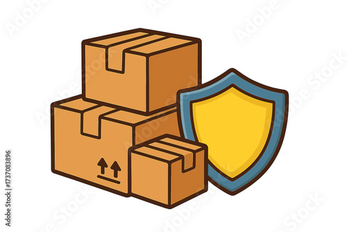 Safe delivery vector icon with shield and boxes. Concept for package protection, cargo insurance, secure shipping. Parcel safety guarantee symbol. Logistics and moving services cartoon illustration.