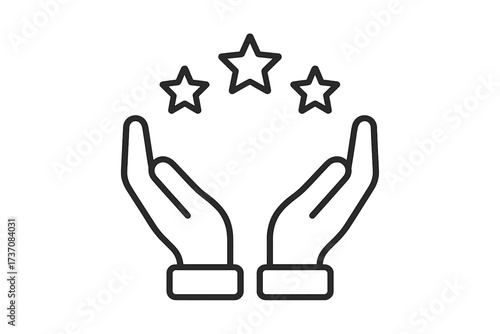 Hands holding stars icon for quality review. Customer satisfaction and feedback concept. Symbol of excellence, best service, top rating, and value. Linear vector logo design.