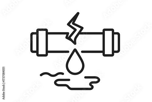 Broken pipe icon. Water leak, burst pipe, and plumbing problem concept. Vector symbol for pipeline damage, drainage accident, and emergency water supply repair service.