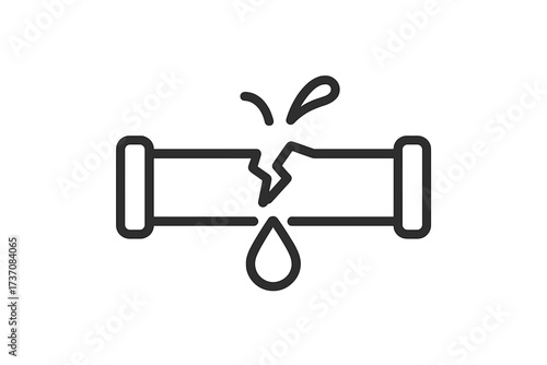 Broken pipe water leak outline icon. Burst pipeline with water drop. Plumbing problem, leakage, and damage concept. Emergency repair symbol for web. Vector line illustration.