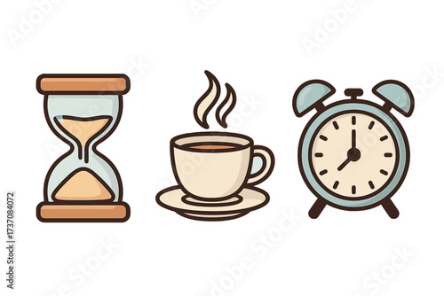 Time management icons bundle with hourglass, steaming coffee cup, alarm clock for graphics, apps, and concepts. Vector cartoon illustration of hourglass timer, coffee break, and classic alarm clock.