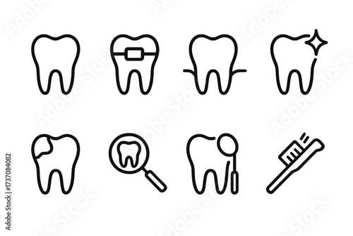 Tooth dental care and braces icons bundle, minimalistic linear vector set for dentistry, orthodontics, teeth cleaning, oral hygiene, dental health, medical apps, banners, graphics