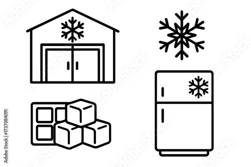 Cold storage and refrigeration outline icon set. Vector collection of a warehouse, freezer, ice cubes, and snowflake symbol. For food industry, cooling, and logistics concepts.