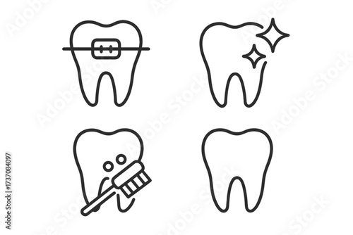Minimalistic Tooth Dentistry Icon Bundle with Braces, Tooth Cleaning, Shiny Tooth, and Dental Care Linear Pictograms for Web, Apps, Banners, Social Networks