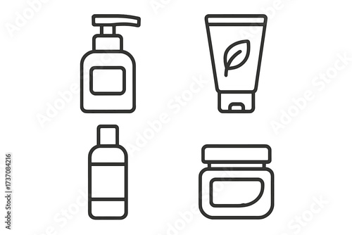 Skincare cosmetic packaging vector icon set. Outline symbols for beauty products. Includes organic cream tube, lotion pump, serum bottle, and face cream jar for design.