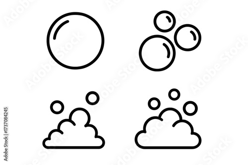 Bubble and foam line icon set. Soap suds and fizzy pop symbols. Vector pictograms for cleaning, washing, hygiene. Water lather, effervescent drink and shampoo concept.