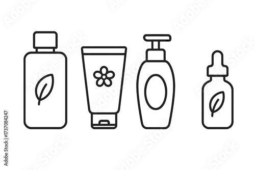 Cosmetic bottle thin line icon set. Skincare and beauty products. Natural organic cosmetics concept. Vector illustration of shampoo, cream tube, soap dispenser, and serum dropper.