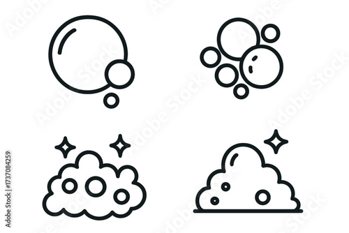 Bubble and foam linear icon set. Soap suds and sparkling clean effect pictogram collection. Vector outline illustration for laundry, cleaning service, hygiene products design.