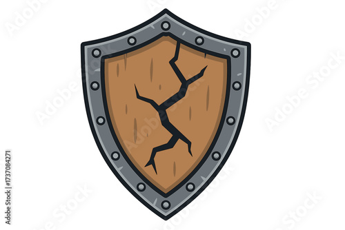 Cracked shield vector icon. Concept of vulnerability, risk, broken defense. Damaged medieval wooden knight armor symbol. Lost security and failed protection cartoon illustration.