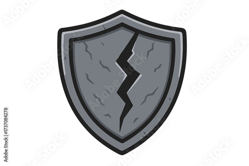 Broken shield icon symbolizing vulnerability, risk, and failure. Cracked stone defense emblem for concepts of data breach, insecurity, and lost protection. Vector.