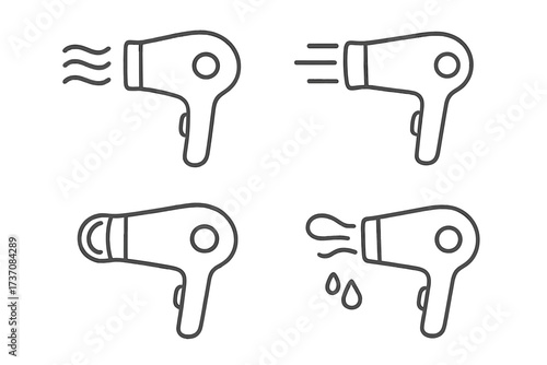Hair dryer line icon set. Minimalist outline blow dryer symbol collection. Vector pictogram for hair care, salon, barbershop, styling. Hot air, airflow graphic for web, app, UI/UX.