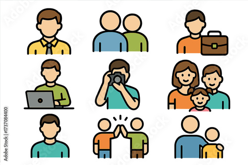 User Related Icon Set of Staff People Work Hobbies Family Concepts for Graphic Design Website Cards Books Articles Vector Cartoon Illustration