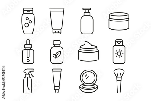 Cosmetics line icon collection. Beauty and skincare products. Minimal linear pictogram for web and graphic design, apps. Vector outline illustration. Shampoo, cream, serum, makeup.