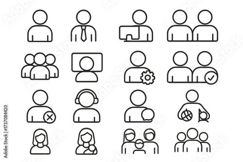 User Related Outline Icon Set with Staff, People, Work, Hobbies, Family, Communication, Support, and Lifestyle Vector Cartoon Icons for Graphic Design and Web Usage